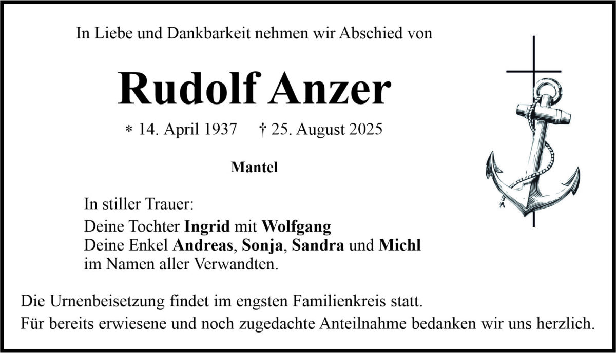 Traueranzeige Rudolf Anzer, Mantel