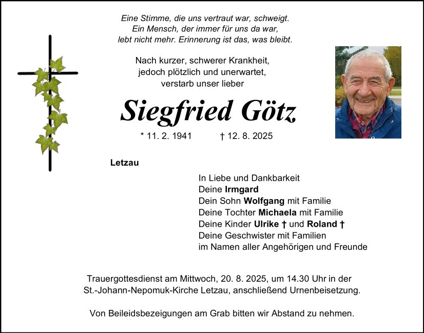 Traueranzeige Siegfried Götz, Letzau