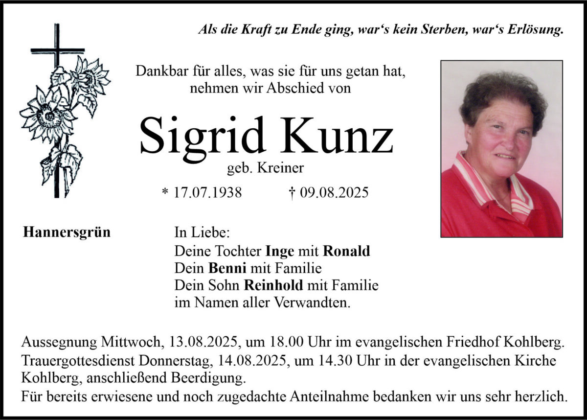 Traueranzeige Sigrid Kunz, Hannergrün