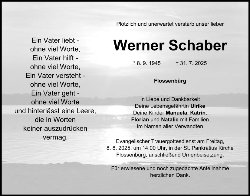 Traueranzeige Werner Schaber, Flossenbürg