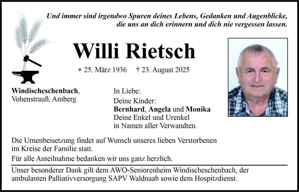Traueranzeige Willi Rietsch, Windischeschenbach
