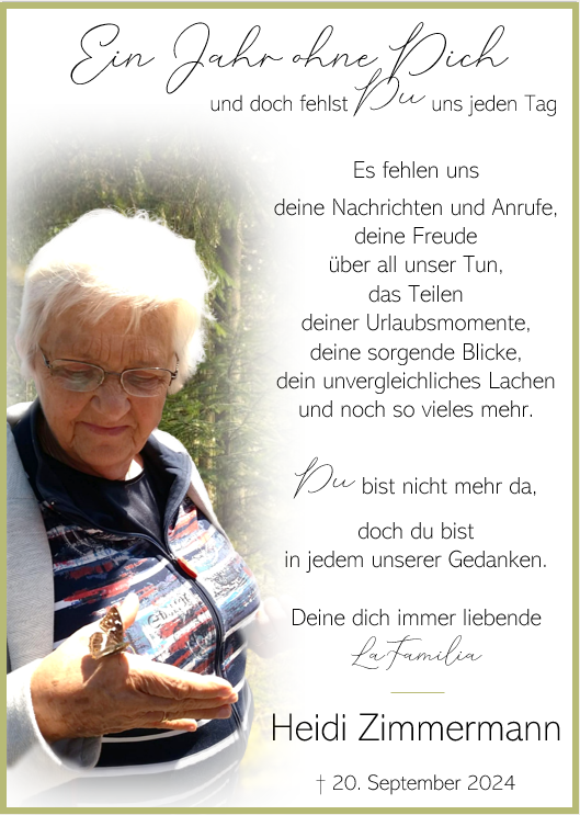 Gedenkanzeige Heidi Zimmermann, Neustadt/WN