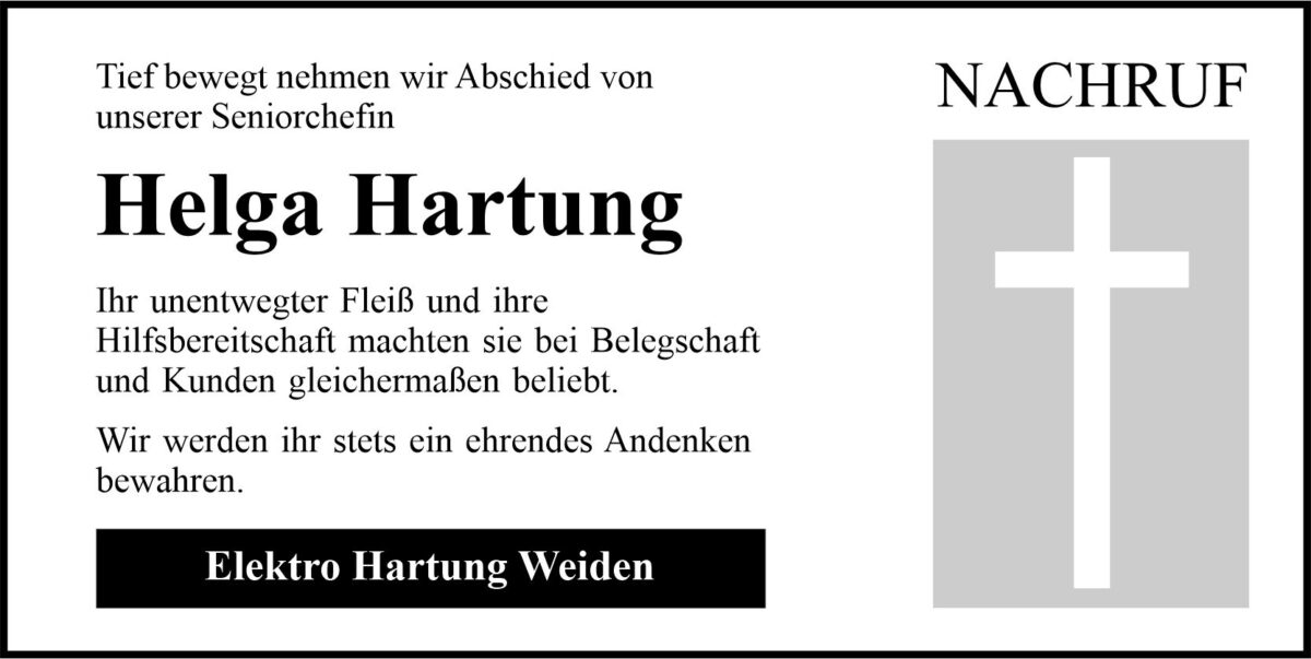 Nachruf Helga Hartung, Weiden