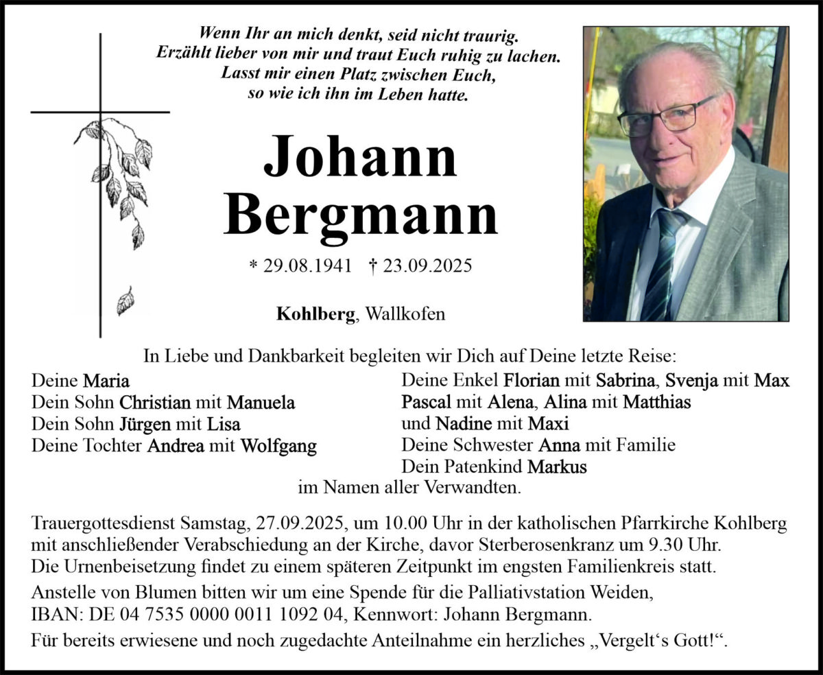 Traueranzeige Johann Bergmann, Kohlberg