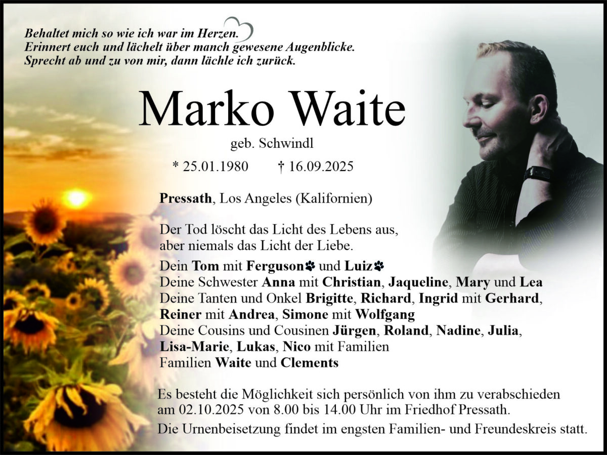 Traueranzeige Marko Waite, Pressath