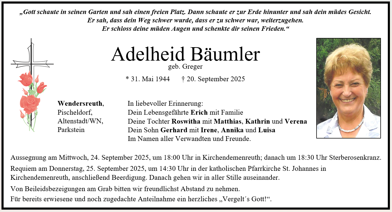 Traueranzeige Adelheid Bäumler, Kirchendemenreuth
