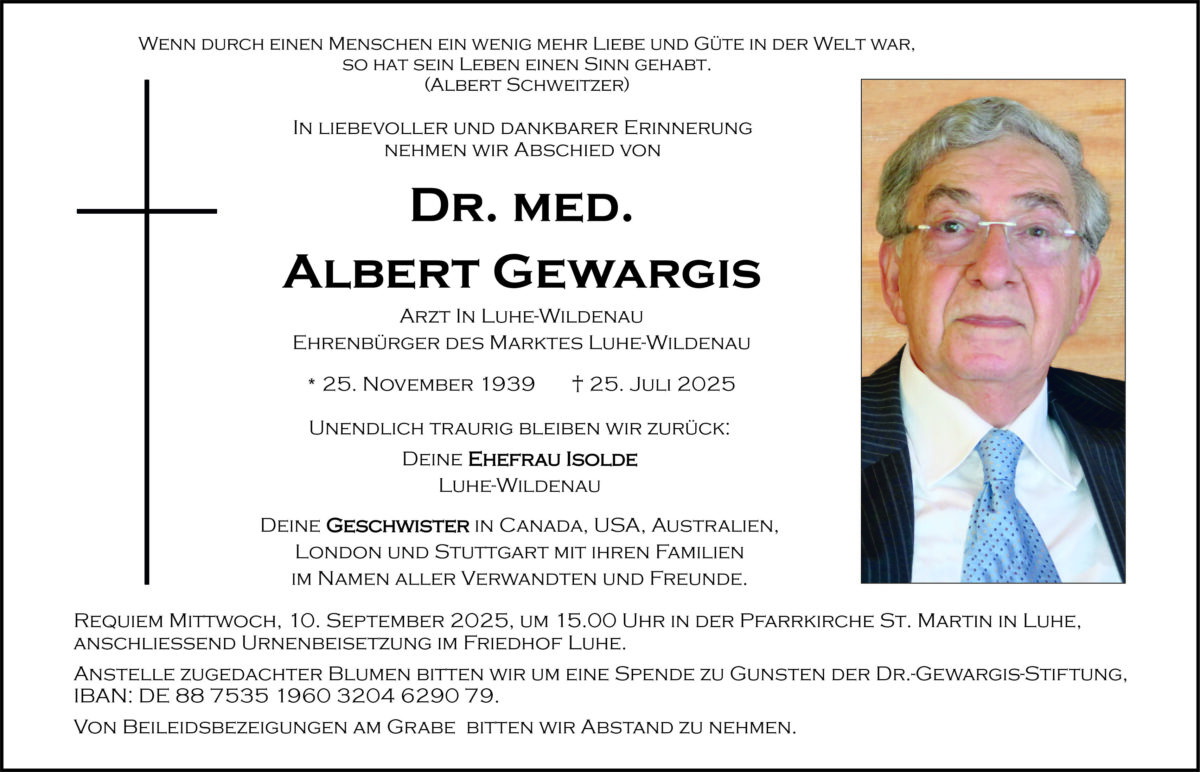 Traueranzeige Albert Gewargis, Luhe-Wildenau