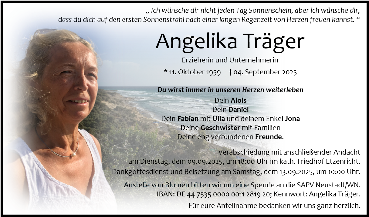 Traueranzeige Angelika Träger, Etzenricht