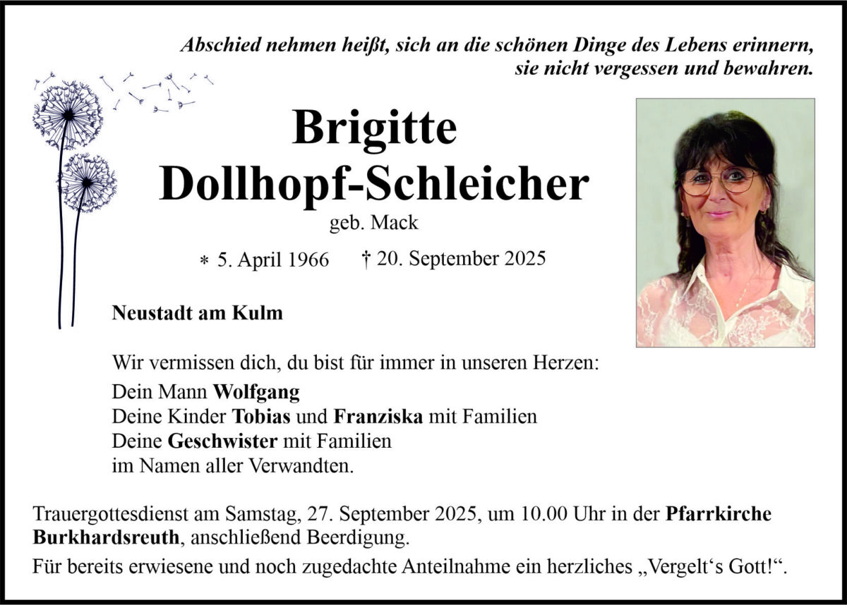 Traueranzeige Brigitte Dollhopf-Schleicher, Neustadt/Kulm