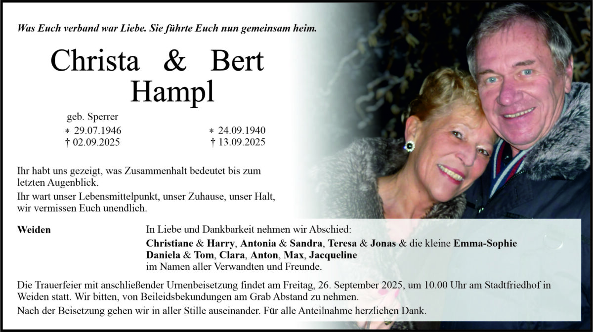 Traueranzeige Christa Hampl, Weiden
Traueranzeige Bert Hampl, Weiden