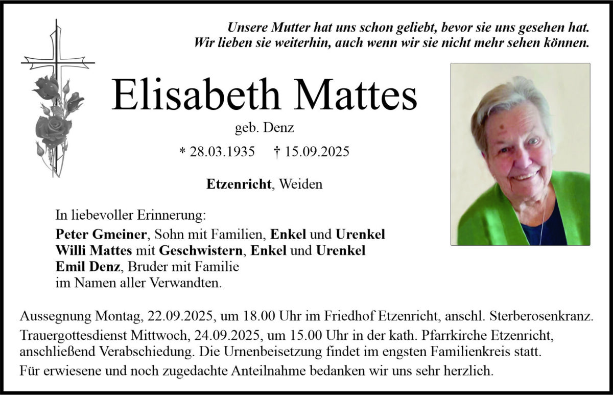 Traueranzeige Elisabeth Mattes, Etzenricht