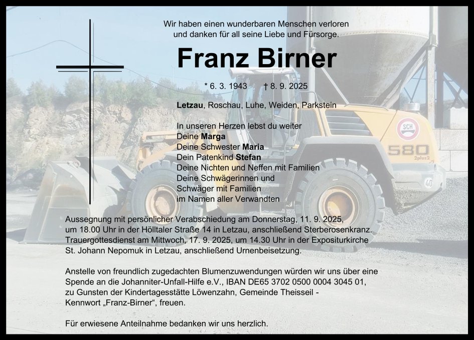Traueranzeige Franz Birner, Letzau