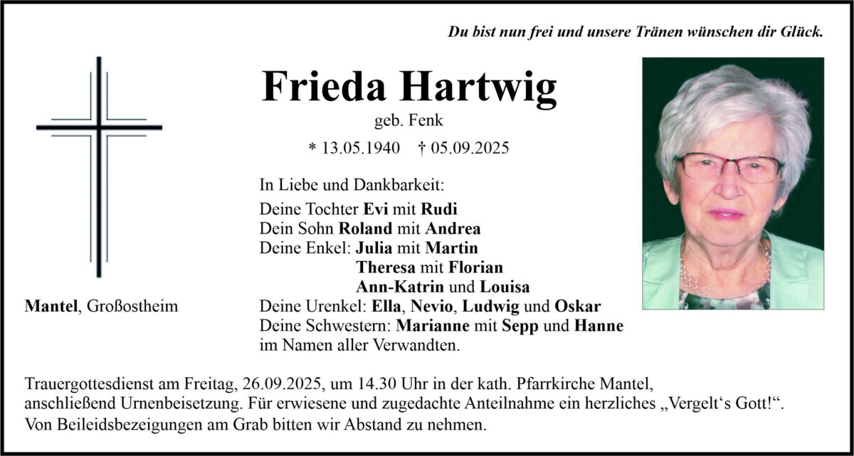 Traueranzeige Frieda Hartwig, Mantel