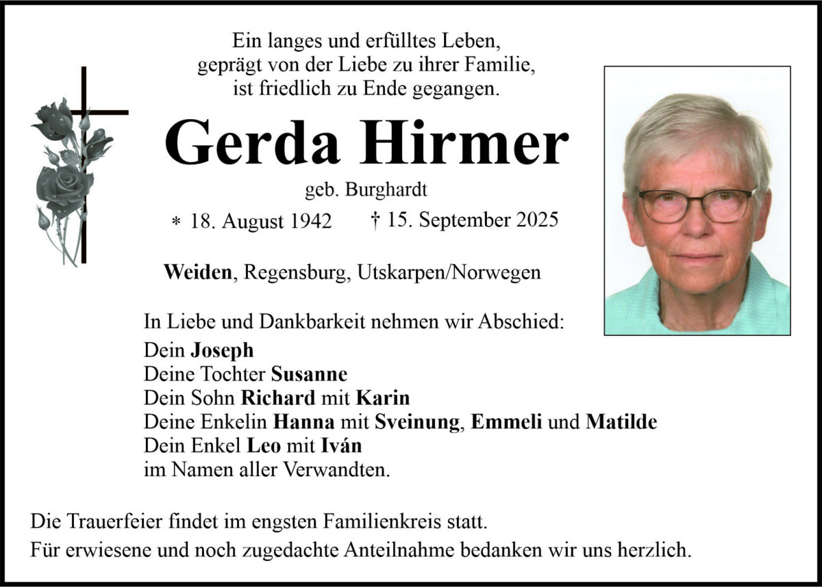 Traueranzeige Gerda Hirmer, Weiden