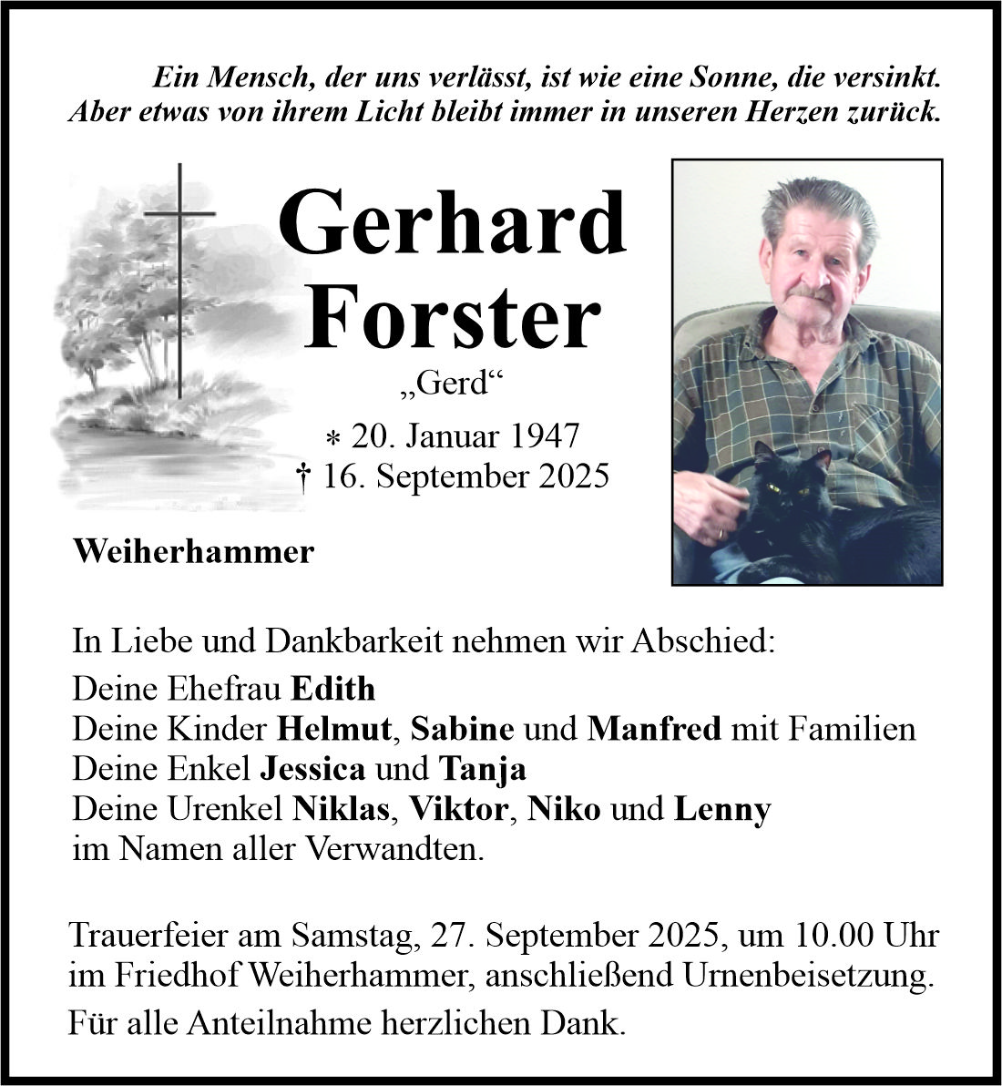 Traueranzeige Gerhard Forster, Weiherhammer