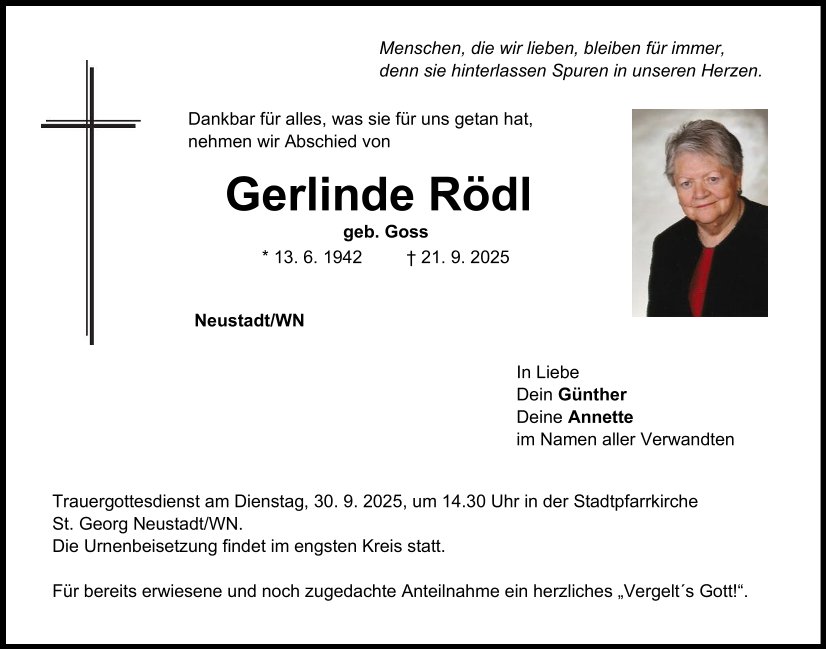 Traueranzeige Gerlinde Rödl, Neustadt/WN
