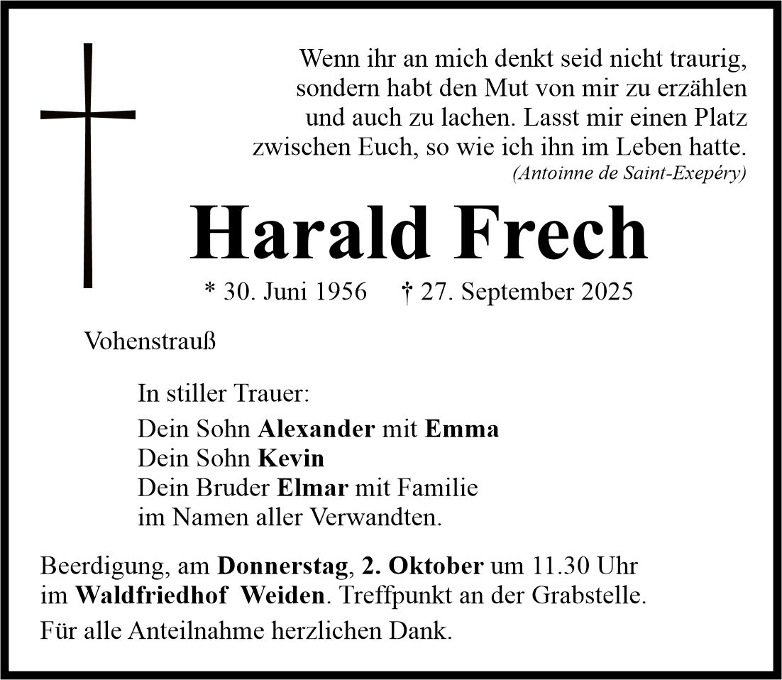 Traueranzeige Harald Frech, Vohenstrauß