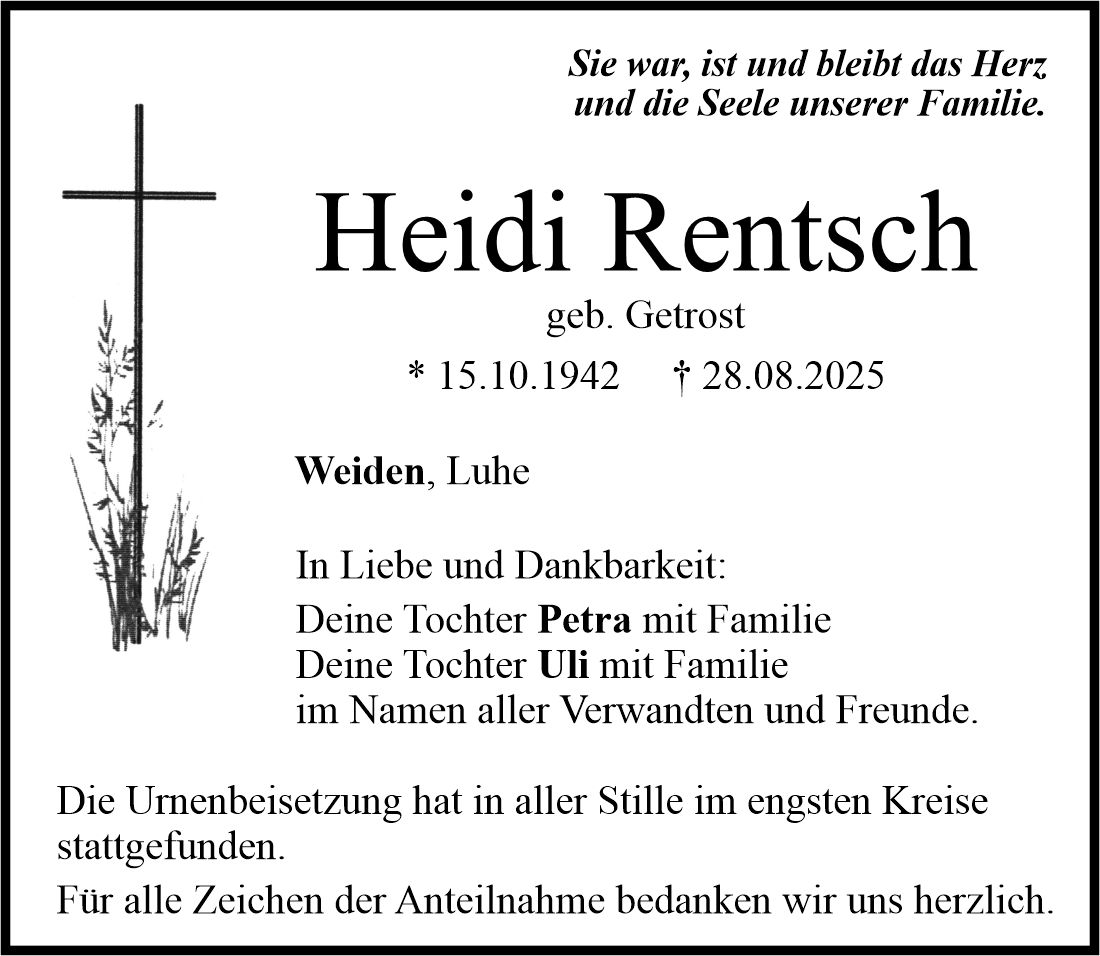 Traueranzeige Heidi Rentsch, Weiden