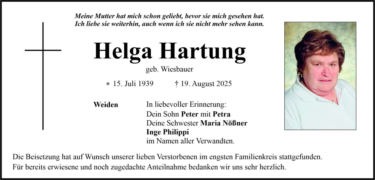 Traueranzeige Helga Hartung, Weiden