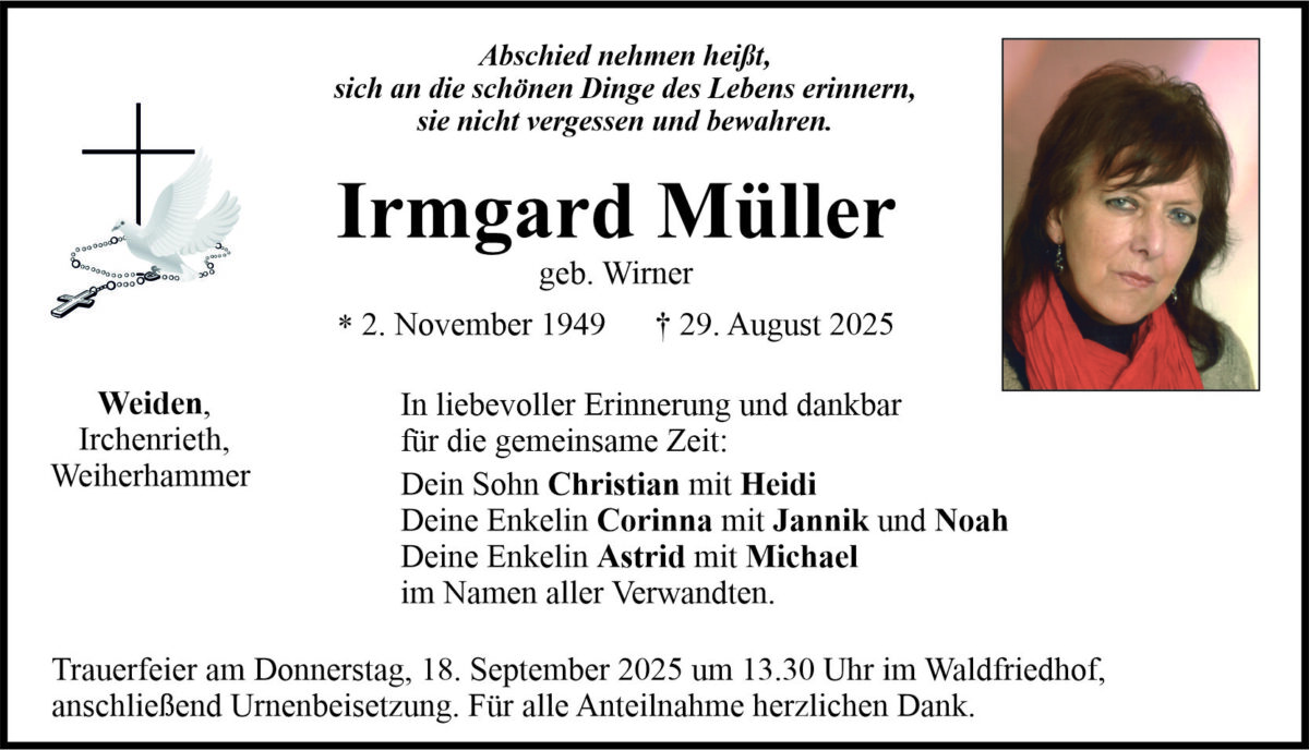 Traueranzeige Irmgard Müller, Weiden