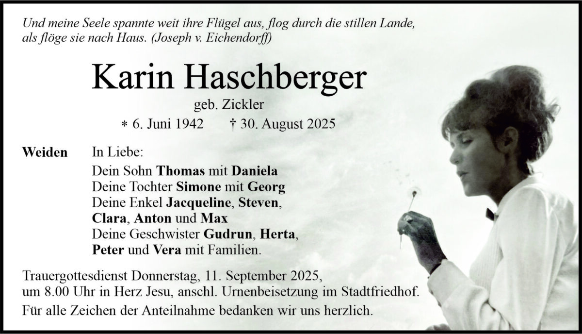 Traueranzeige Karin Haschberger, Weiden