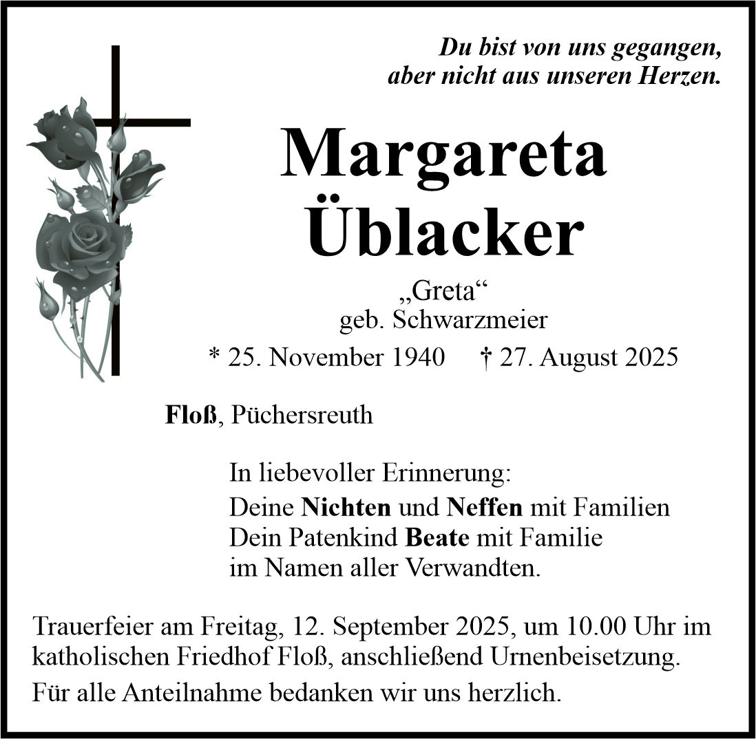 Traueranzeige Margareta Üblacker, Floß