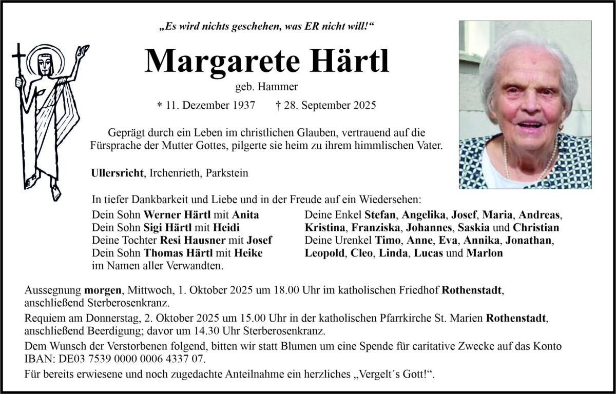 Traueranzeige Margarete Härtl, Ullersricht