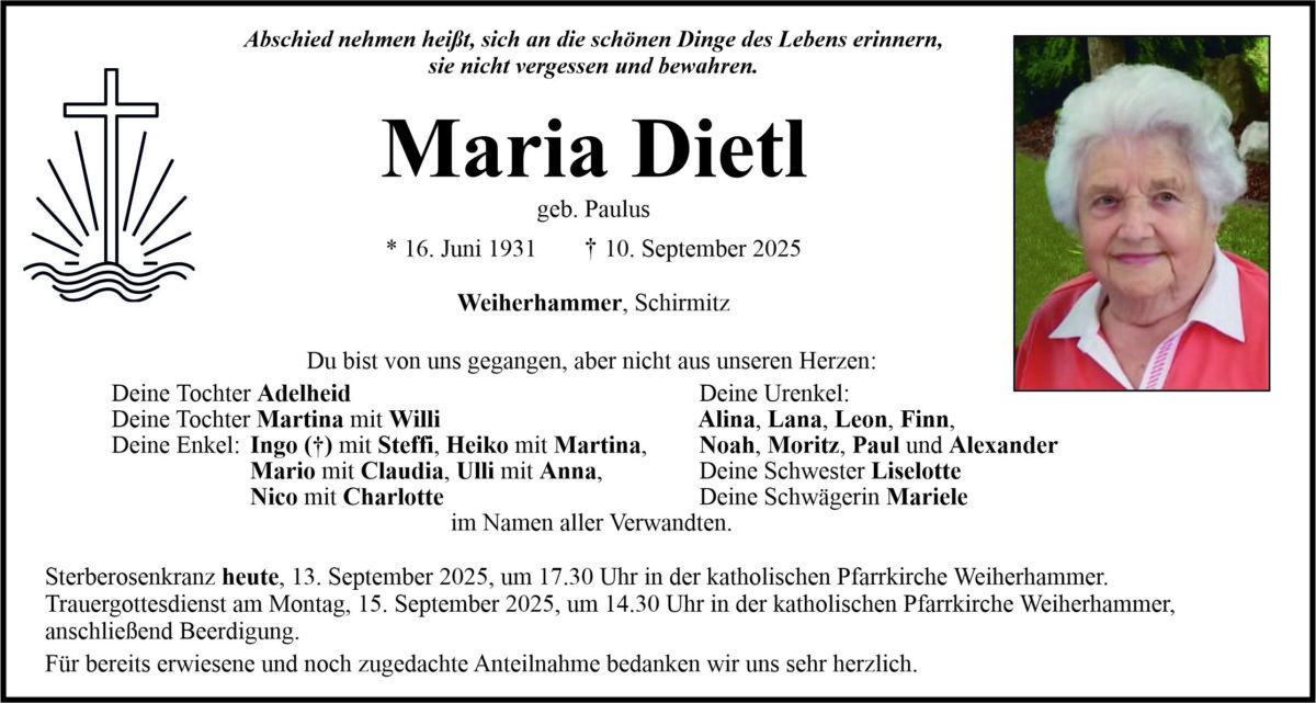 Traueranzeige Maria Dietl, Weiherhammer