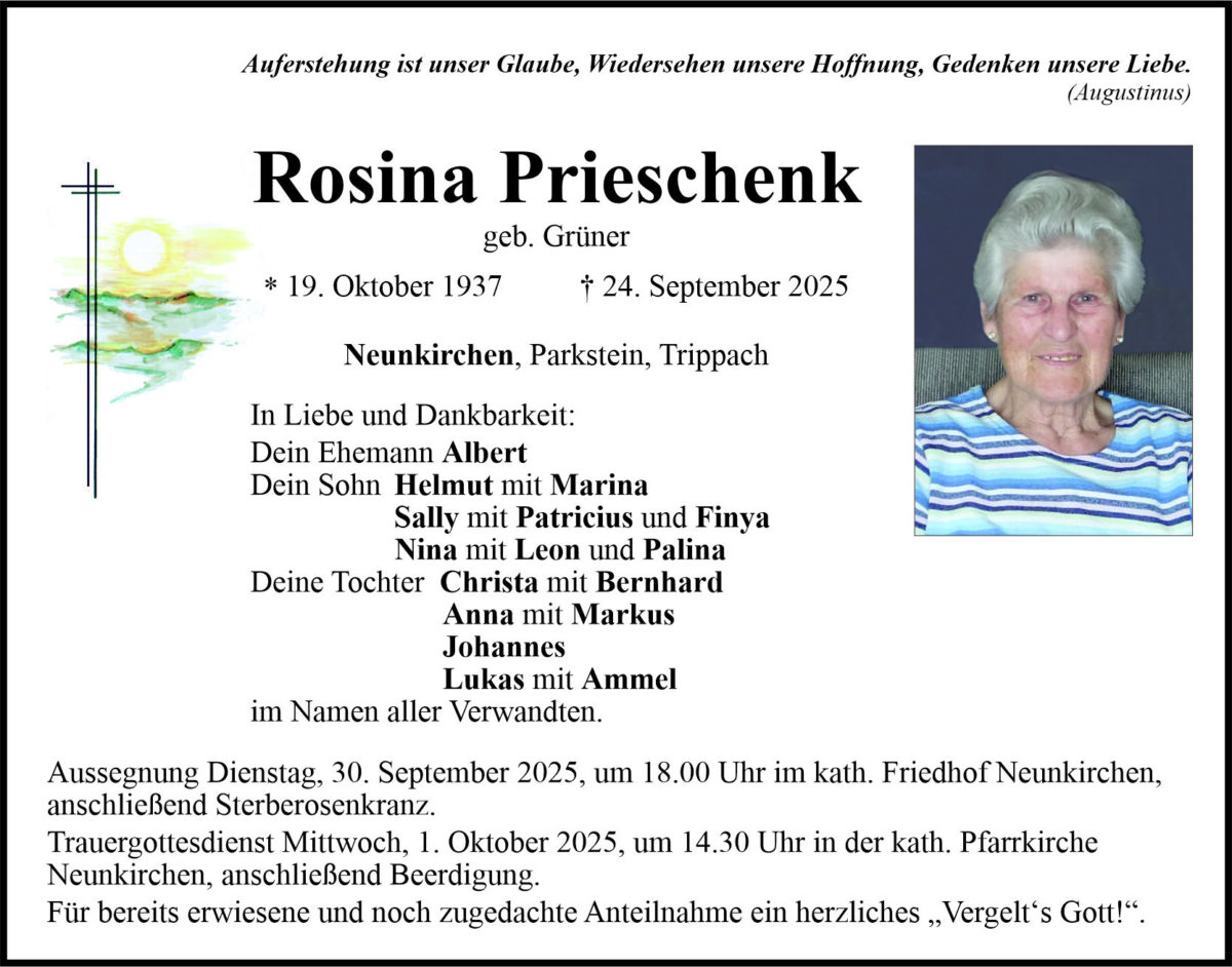 Traueranzeige Rosina Prieschenk, Neunkirchen