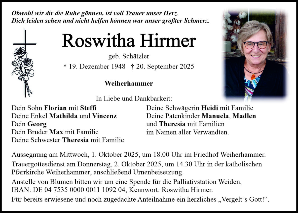 Traueranzeige Roswitha Hirmer, Weiherhammer