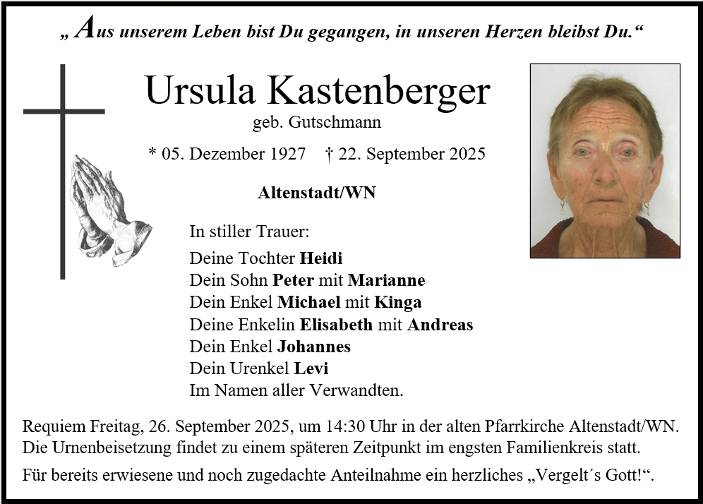 Traueranzeige Ursula Kastenberger, Altenstadt/WN