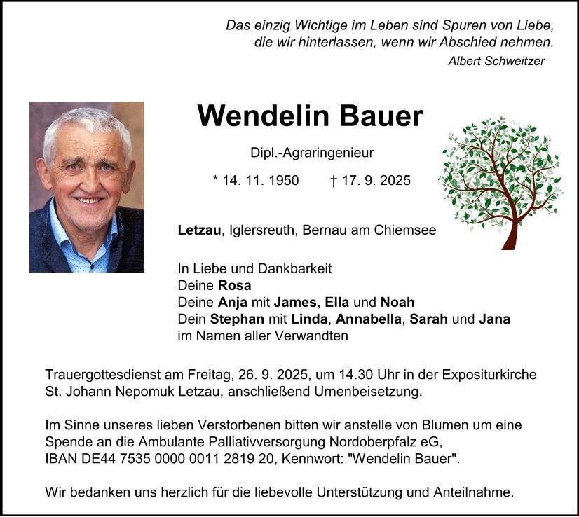 Traueranzeige Wendelin Bauer, Letzau