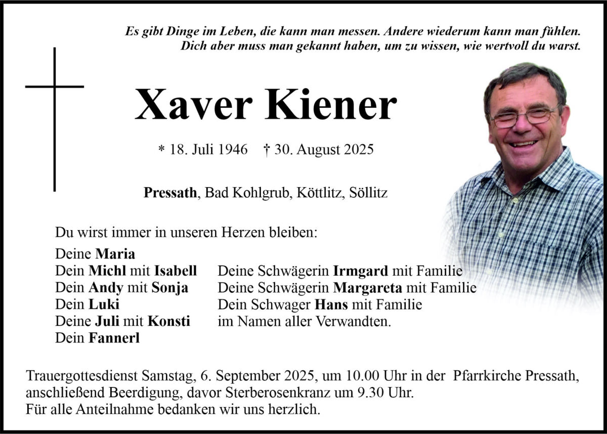 Traueranzeige Xaver Kiener, Pressath