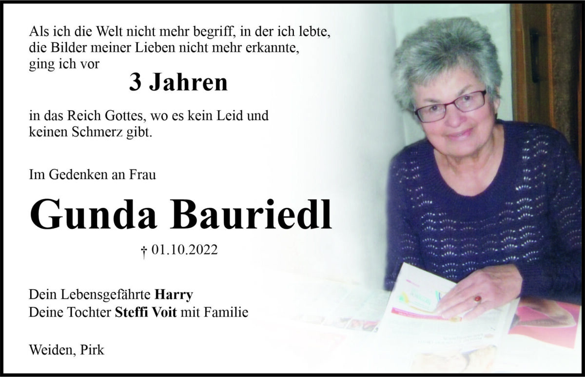 Gedenkanzeige Gunda Bauriedl, Weiden