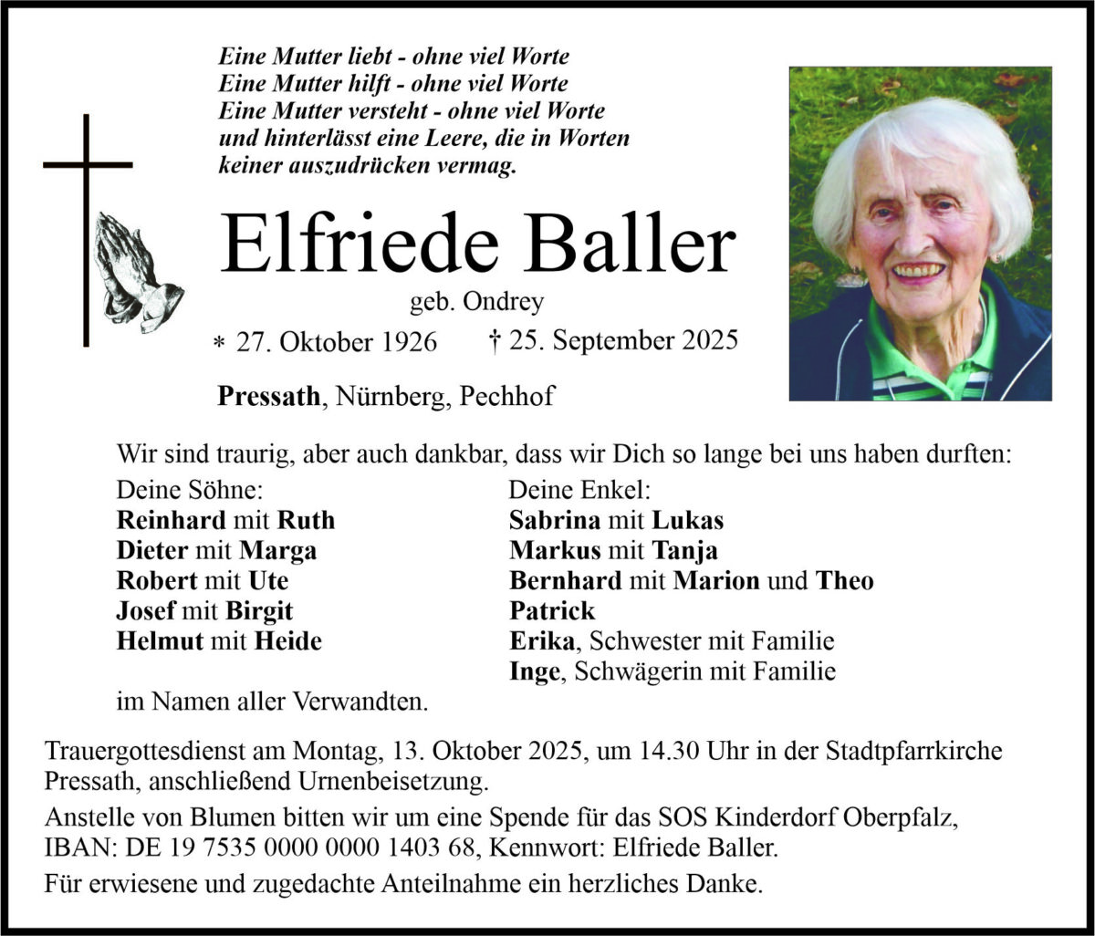 Traueranzeige Elfriede Baller, Pressath