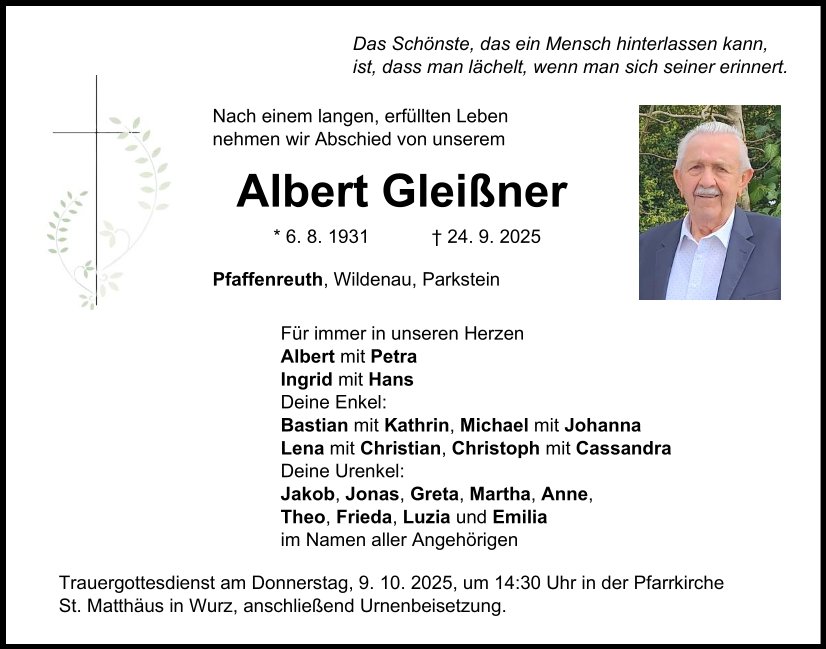 Traueranzeige Albert Gleißner, Pfaffenreuth