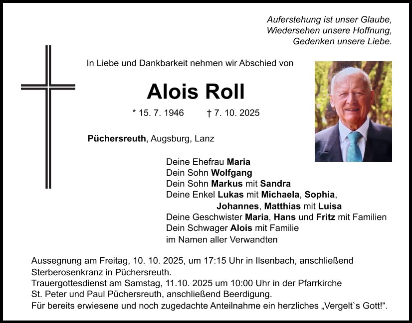 Traueranzeige Alois Roll, Püchersreuth