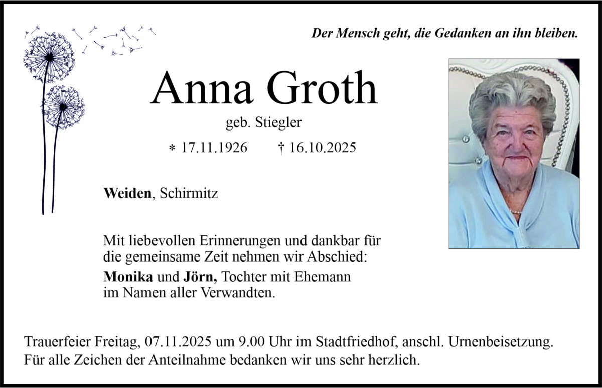 Traueranzeige Anna Groth, Weiden