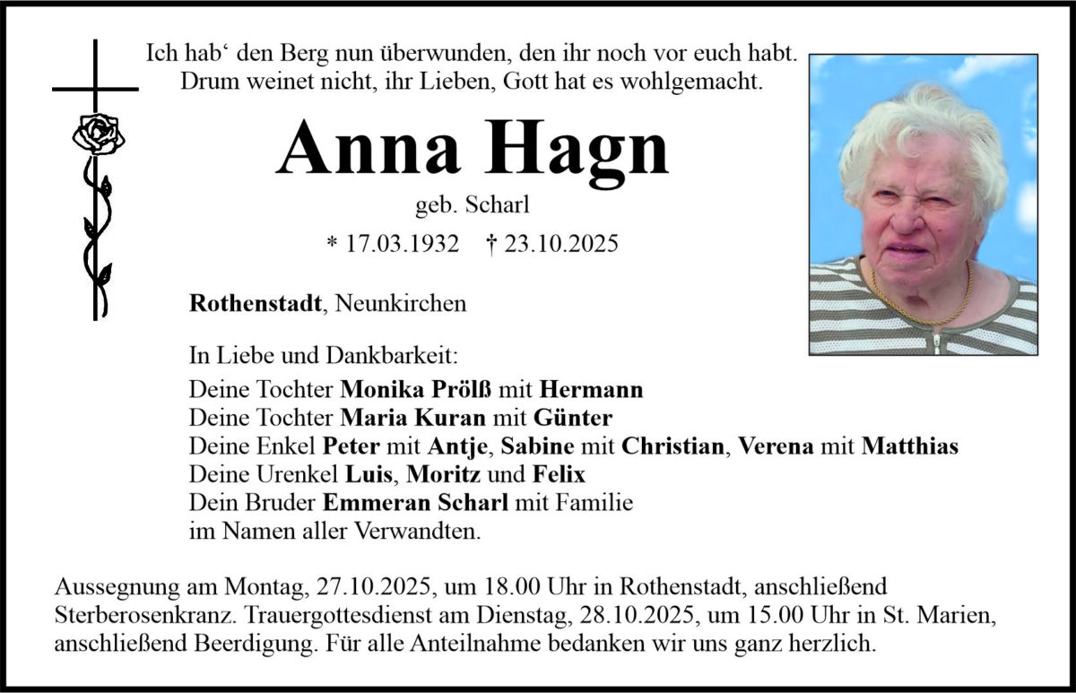 Traueranzeige Anna Hagn, Rothenstadt