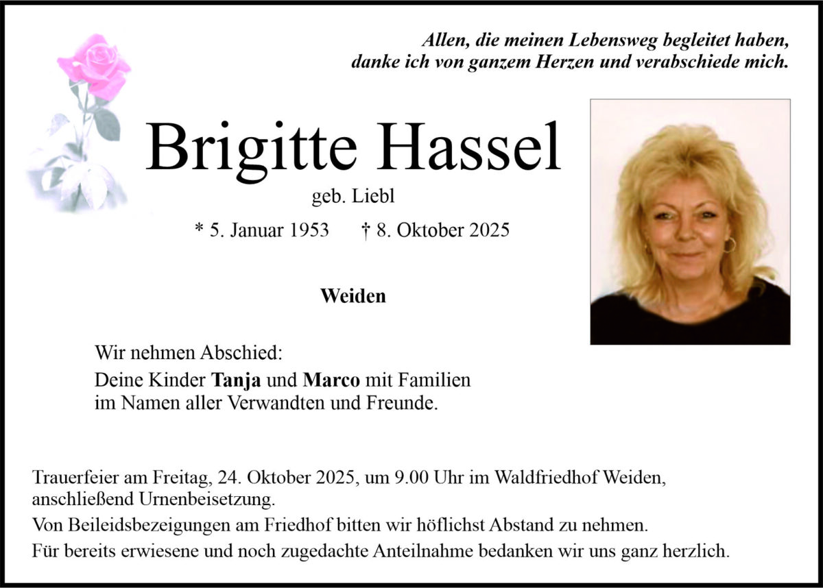 Traueranzeige Brigitte Hassel, Weiden