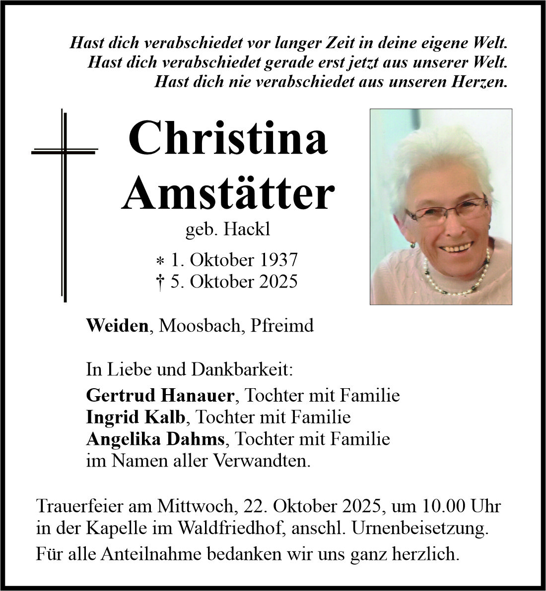 Traueranzeige Christina Amstätter, Weiden