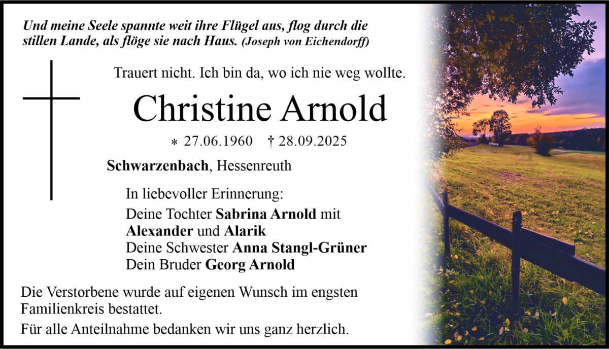 Traueranzeige Christine Arnold, Schwarzenbach