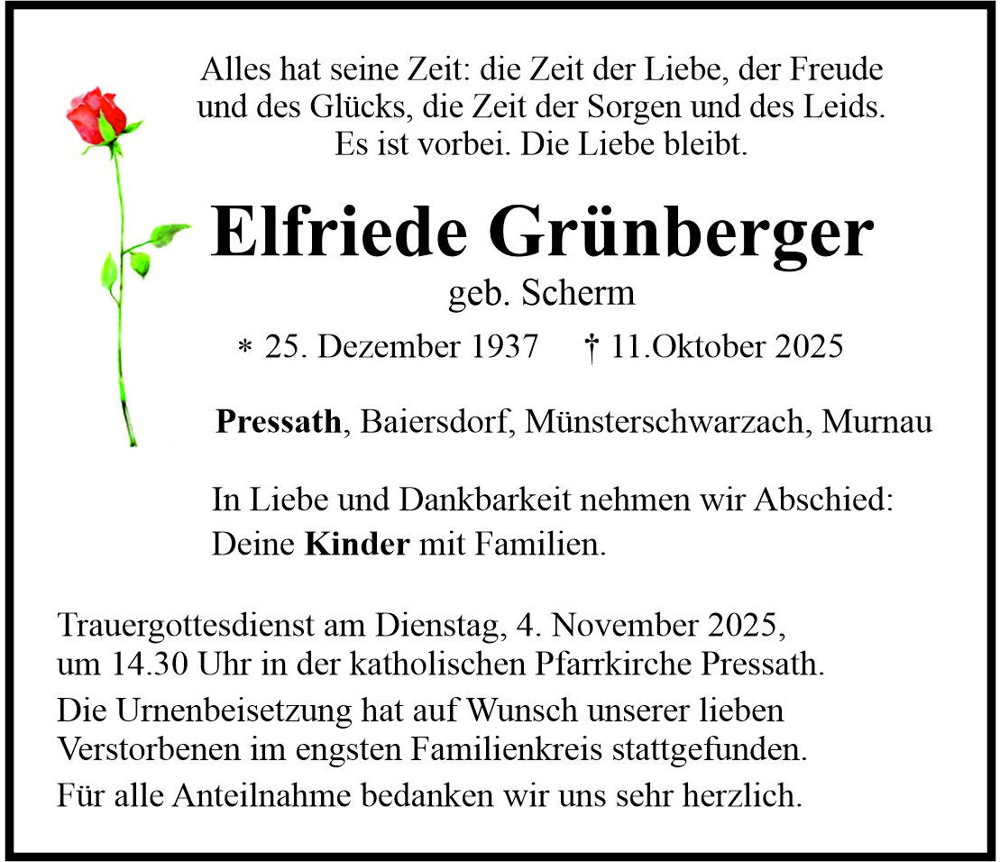 Traueranzeige Elfriede Grünberger, Pressath