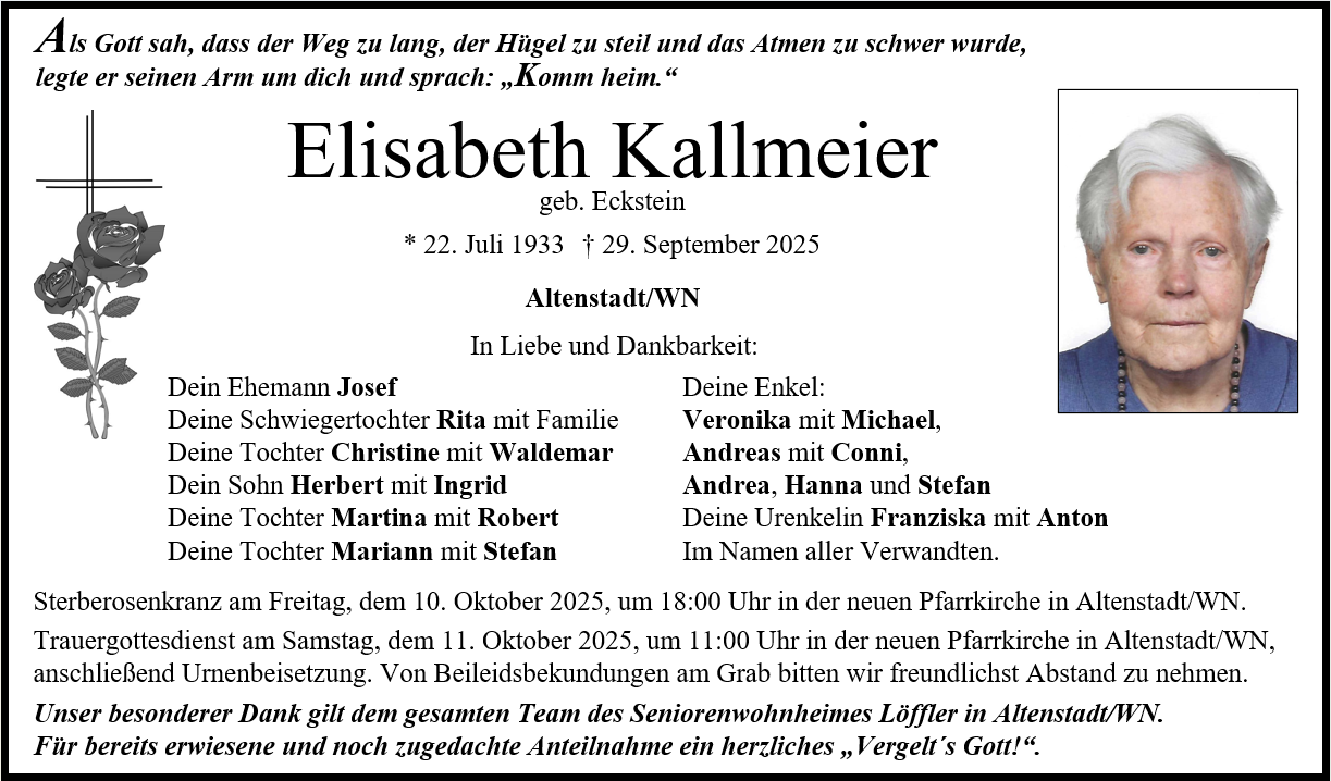 Traueranzeige Elisabeth Kallmeier, Altenstadt/WN