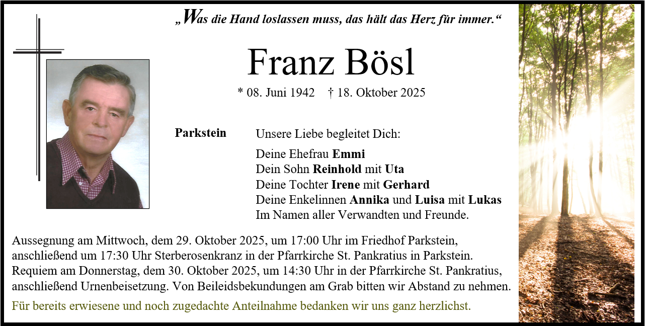 Traueranzeige Franz Bösl, Parkstein