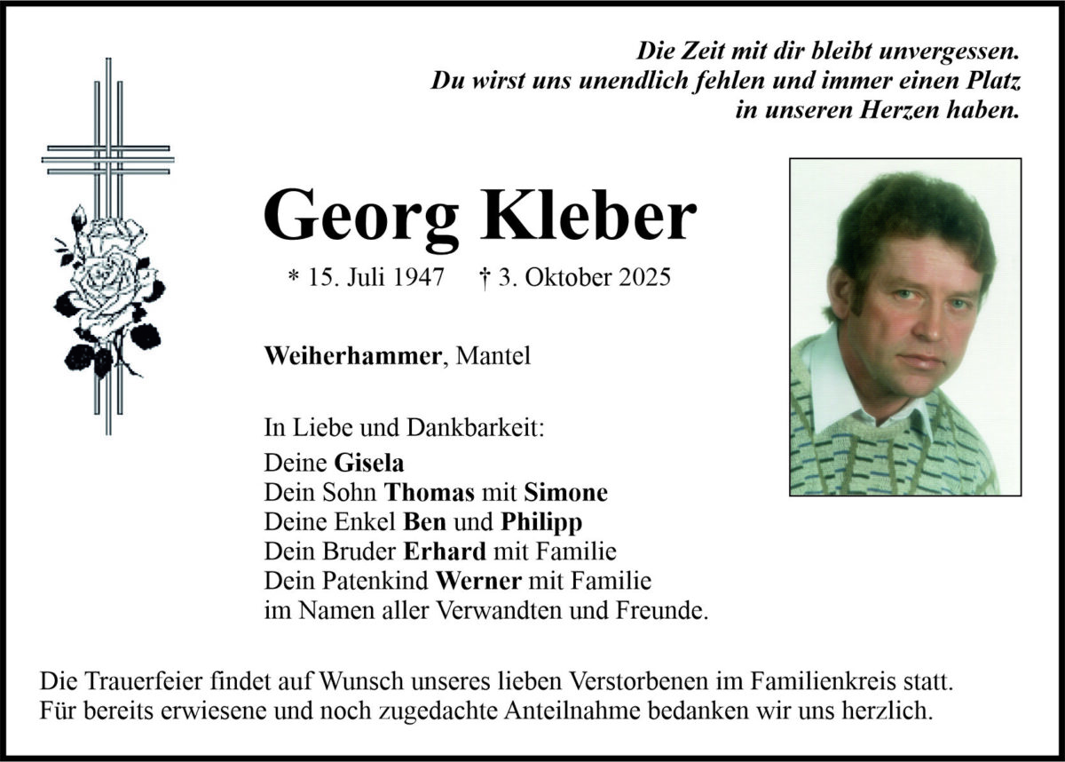 Traueranzeige Georg Kleber, Weiherhammer