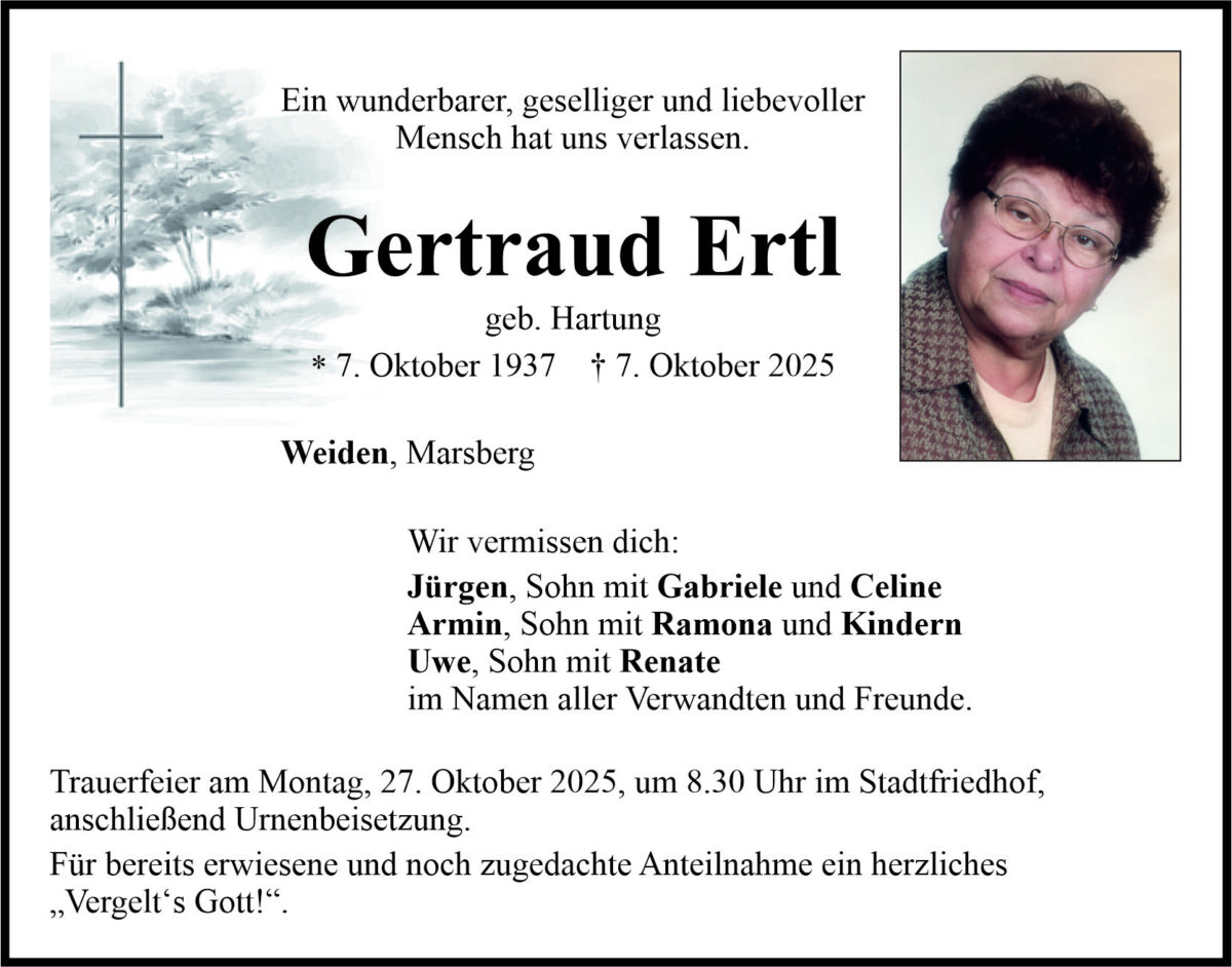 Traueranzeige Gertraud Ertl, Weiden