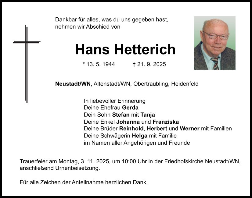 Traueranzeige Hans Hetterich, Neustadt/WN