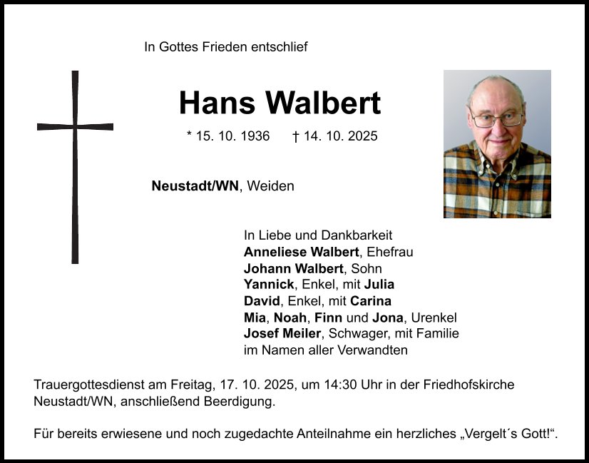 Traueranzeige Hans Walbert, Neustadt/WN