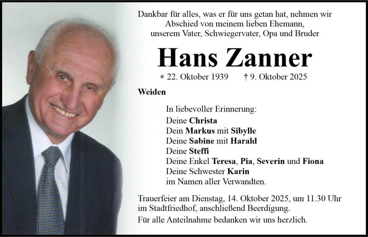 Traueranzeige Hans Zanner, Weiden